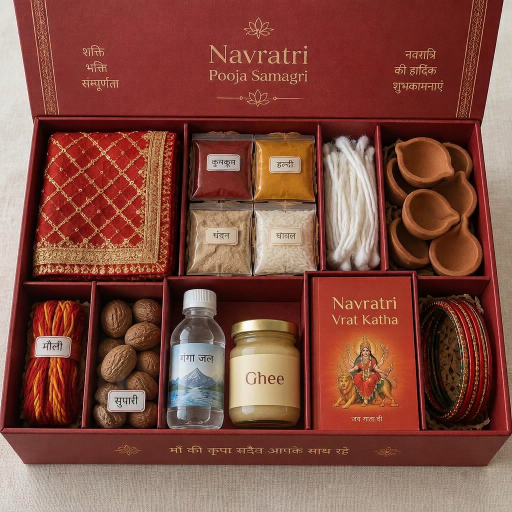 Open kit box with chunri, kumkum, haldi, chandan, rice, wicks, diyas, moli, supari, ganga jal, ghee, Vrat Katha book and bangles (illustrative)