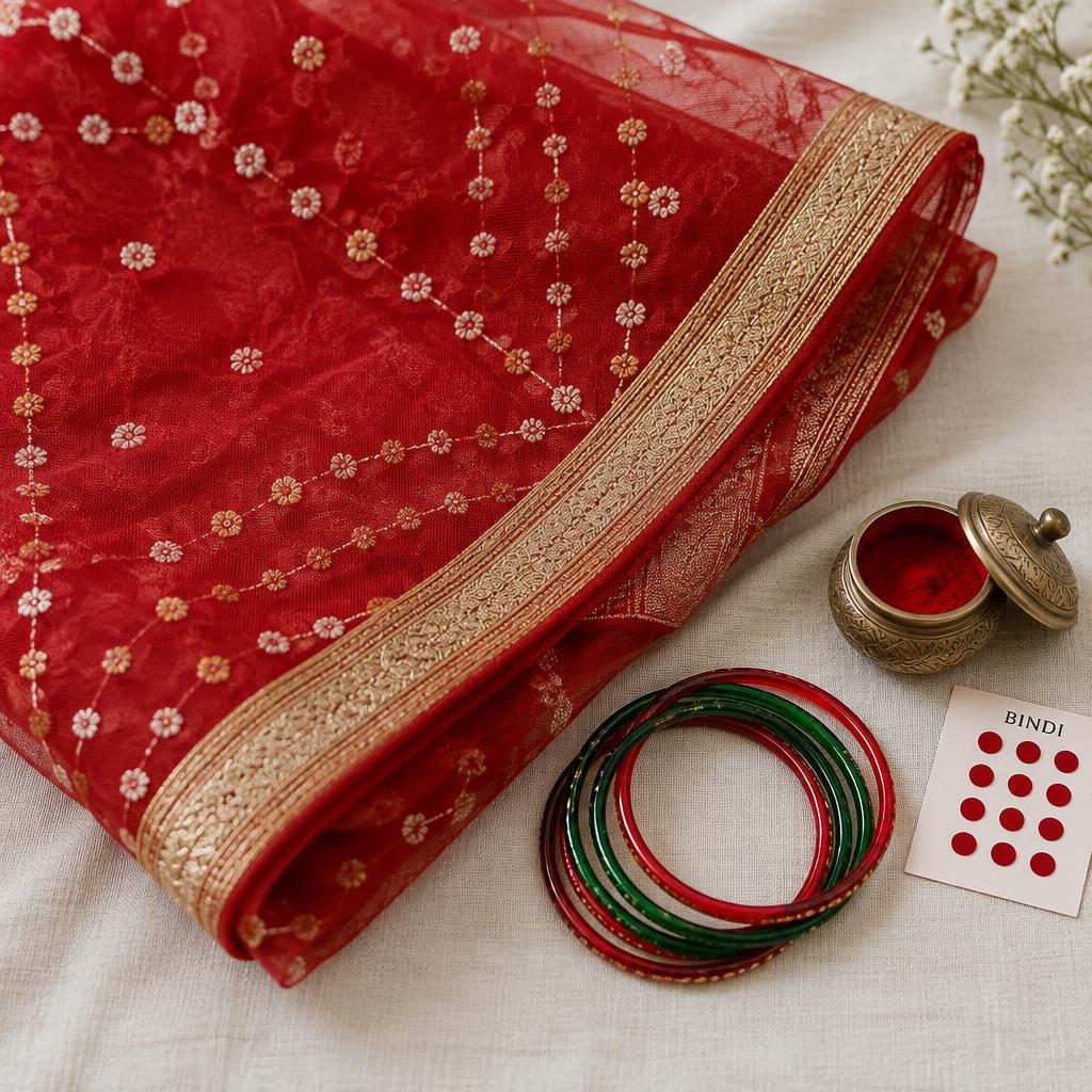Red net chunri with gold border, glass bangles, sindoor box and bindi card (illustrative)